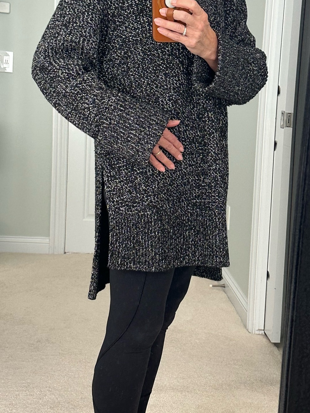 Athleta Black Marled V-Neck Side-Slit Sweater